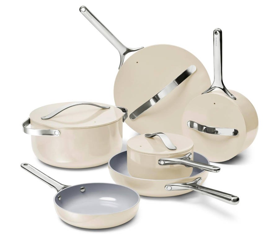 Caraway Deluxe Non-stick Ceramic Cookware Set (16 Piece) Pots, Frying Pans, Lids and Kitchen Storage - PFAS & PFOA Free - Oven Safe Pan Set & Compatible with All Stovetops - Cream